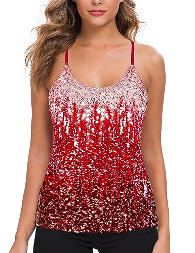 MANER Women’s Sequin Tops Glitter Party Strappy Tank Top Sparkle Cami (XL/US 16-18, Canyon Rose/Burgundy/Ruby Red)