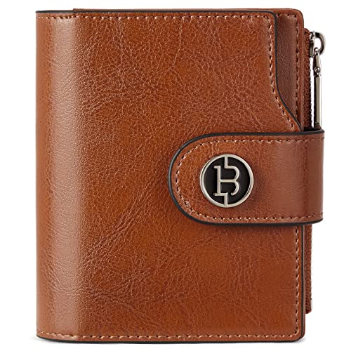 BOSTANTEN Women Leather Wallet Small RFID Blocking Bifold Zipper Pocket Wallet Card Case with ID Window Brown