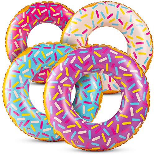 Inflatable Donuts - (Pack of 4) 24 Inch Donut Pool Toys for Kids in Assorted Color Rings with Sprinkles for Donut Party Decorations, Party Favors, Beach and Summer, Photo Props, Themed Birthday Décor