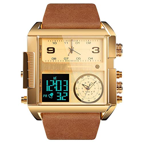 Men's Square Large Face Digital Sports Watch, LED Analog Quartz Wrist Watch with Multi-Time Zone 50M Waterproof Stopwatch (Gold Brown)