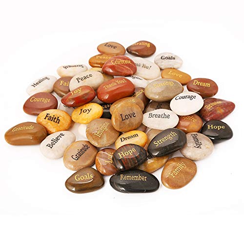 ROCKIMPACT 50PCS Engraved Rocks Different Words Inspirational Stones Bulk Faith Stones Zen Stones Gratitude Rocks Healing Prayer Stones Encouragement Rocks, 2'-3' each