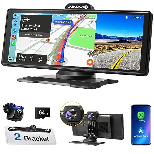 10.26'' Portable Car Stereo with 4K Dashcam, Wireless Dash Mount Apple Carplay & Android Auto, Drivemate Car Play Screen with Backup Camera,Bluetooth,GPS Navigation,Mirror Link (4K (BT Audio) 1080P)