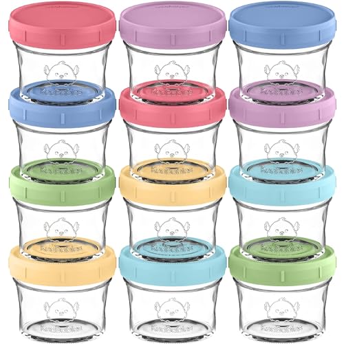 KeaBabies 12-Pack Glass Baby Food Containers - 4 oz Leak-Proof, Microwavable Baby Food Storage Containers, Baby Food Freezer Tray, Puree Glass Baby Food Jars, Baby Bullet Jars with Lids (Nord)