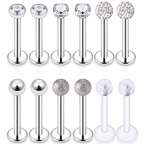 Dyknasz 16G Stainless Steel Labret Studs Monroe Lip Rings Retainer Cartilage Tragus Nail Conch Helix Earring Barbell Piercing Jewelry with Clear Diamond CZ for Women Men Silvertone 6 Pairs