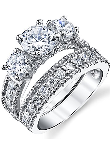 Metal Masters 1.25 Carats Sterling Silver Past Present Future 2-Pc Bridal Set Cubic Zirconia Engagement Wedding Ring Band