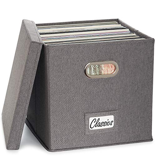 ZICOTO Decorative Vinyl Record Storage Box for 50+ Single Records - Sturdy and Easy to Carry LP Holder with Lid - The Perfect Storage Crate for Your Valuable Album Collection