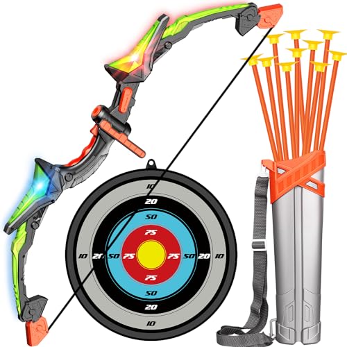 Bigdream Kids Bow and Arrow Toy Set, LED Light Up Archery Toys with 10 Suction Cups Arrows, Outdoor Indoor Shooting Games Toys for 6 7 8 9 10 11 12 Year Old Boys Grils Birthday Gifts