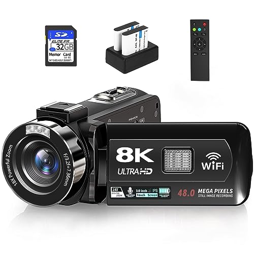 VETEK Video Camera 8k Camcorder 48MP UHD WiFi IR Night Vision Vlogging Camera for YouTube, 18X Digital Zoom 3.0“ LCD Screen Digital Camera with Microphone, 32G SD Card