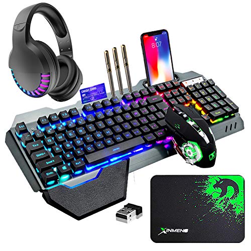 Wireless Gaming Keyboard Mouse Bluetooth Headset Kit with 16 RGB Backlit Rechargeable Battery Metal Mechanical Ergonomic Waterproof Dustproof Removable Palm Rest for Laptop PC Gamer(Rainbow RGB)