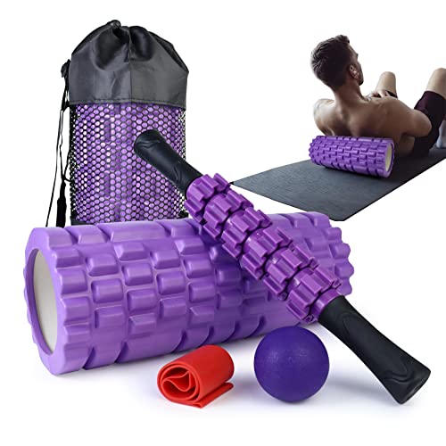Krightlink 5 in 1 Foam Roller Set for Deep Tissue Muscle Massage, Patented Trigger Point Fitness Exercise Foam Roller, Massage Roller, Massage Ball, Stretching Strap, for Whole Body (Purple)