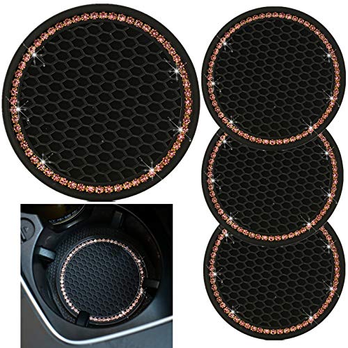 tunfo 4pcs 2.75' Bling Decor Crystal Rhinestone Car Cup Holder Coaster Insert Cup Mat,Car Bling Ring Emblem Sticker Bling Car Accessories for Home and Interior Car Decor Accessory, Pink