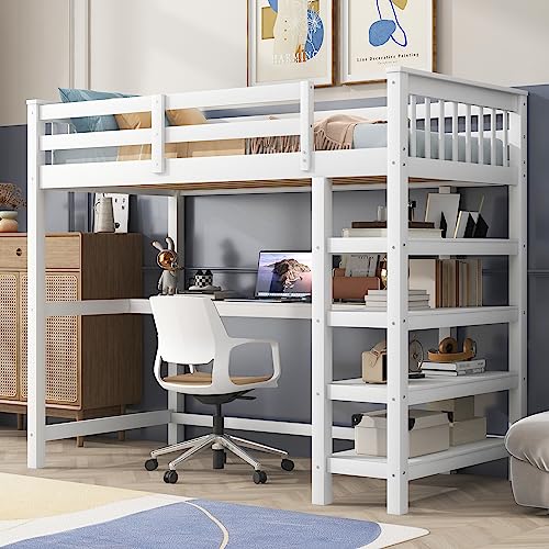 Merax Wood Loft Bed with Desk : Twin Size Loft Bed with 4-Storage Shelves and Under-Bed Desk Solid Wood Bed, White