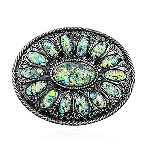 YOQUCOL Vintage Western Cowboy Native American Blue Green Color Stone Belt Buckle for Men Black Tone