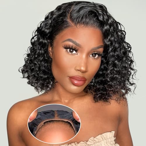 Eyefanniy Glueless Wigs Human Hair pre plucked Pre Cut, Short Curly Bob Lace Front Wigs for Black Women, 4x4 Lace Closure Glueless Wig with Elastic Band for Beginners, 200% Density, 10 Inch