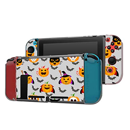 Dockable Case Compatible with Switch Console and Joy-Con Controller, Patterned ( Halloween evil pumking wearing witch hat and flying bat ) Protective Case Cover with Tempered Glass Screen