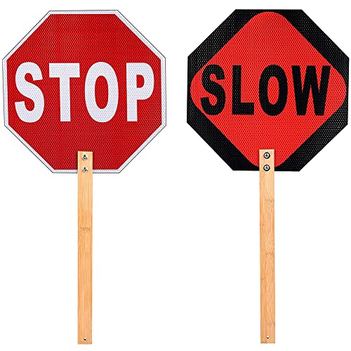 Kichwit Stop Slow Sign, 13' Double Sided Handheld Stop Sign, Street Slow Reflective Sign with Bamboo Handle, Aluminum