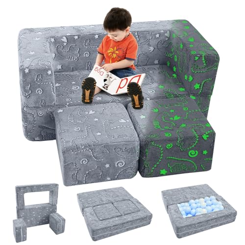 MeMoreCool Kids Sofa Couch, Glow in The Dark Baby Modular Dinosaur Couch, Convertible Toddler Fold Out Play Couch Furniture for Small Playroom, Grey