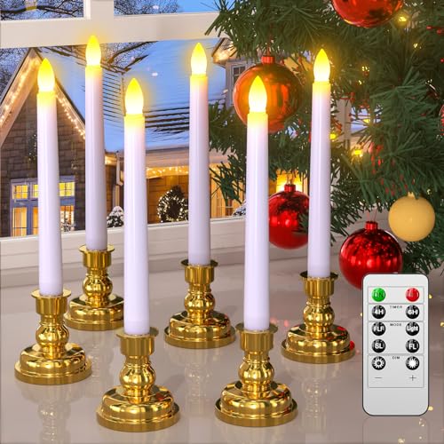 PChero Window Candles with Remote Timer, 6 Packs 7.9' Battery Operated Flameless LED Taper Candles Lights with Removable Gold Candle Holders, Ideal for Thanksgiving Table Christmas Fall Home Decor