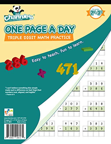 Channie's One Page A Day Math Workbook, Triple Digit Math Practice Worksheets, 50 Pages Front and Back, 25 Sheets, Grades 2nd and 3rd, Addition and Subtraction workbook, Size 8.5” x 11”