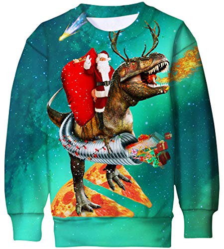 Enlifety Ugly Christmas Sweater for Kids Girls Boys Funny Novelty Dinosaur Pullover Sweatshirt Santa Claus with Gifts Galaxy Crewneck Shirts for Holiday Party New Year Xmas Gift Size 13-16