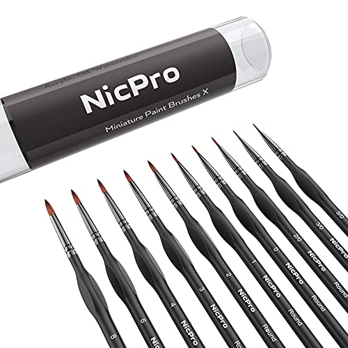 Nicpro Micro Detail Paint Brush Set,10 Small Professional Miniature Fine Detail Brushes for Watercolor Oil Acrylic, Nail Art, Models Rock Painting kit, Figures, Paint by Number -Come with Holder & Bag