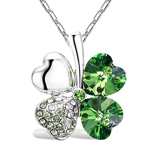 Mall of Style 4 Leaf Clover Necklace - Women's St. Patty's Day Necklace - Silver & Green Shamrock Necklace with Austrian Crystal - Good Luck Pendant