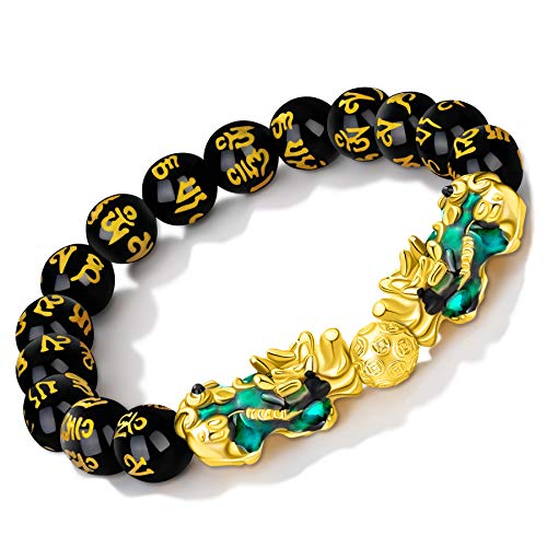 MANRUO Feng Shui Black Obsidian Wealth Bracelet Color Changed Pi Xiu Bracelets Dragon Mantra Bead Bangle Attract Wealth and Good Luck for Men/Women(10mm)