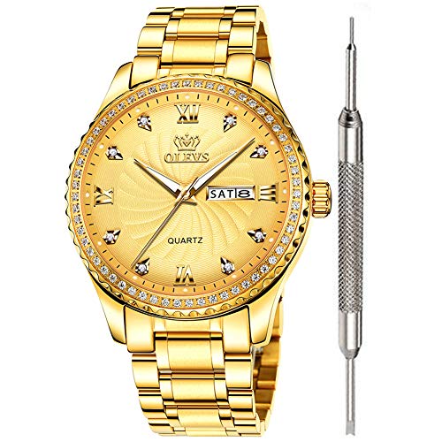 OLEVS Gold Watches for Men Waterproof Men Gold Watches Diamond Luxury Best Watches for Men Calendar Date Analog Quartz Watch Stainless Steel Classic Wrist Watch
