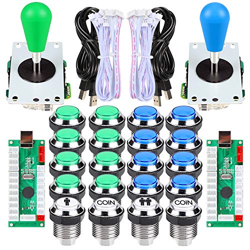 EG STARTS Arcade Gamepads & Standard Controllers DIY Games MAME Kit 2 Ellipse Oval Joystick + 20 LED Chrome Buttons (Blue-Green-Colors)
