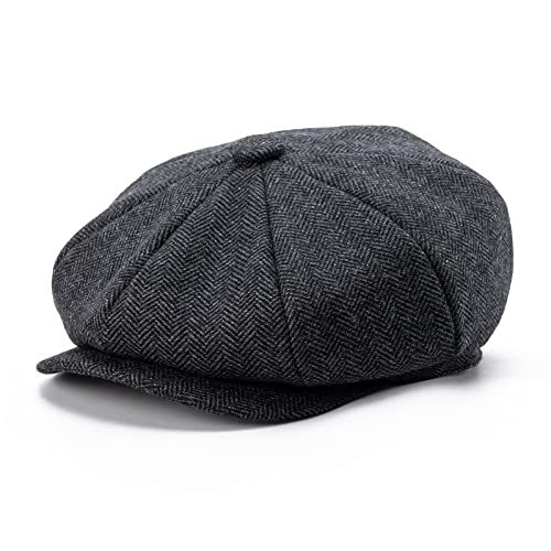 BOTVELA Men's 8 Panel Wool Blend Newsboy Flat Cap Herringbone Tweed Hat (Black, 7 5/8)
