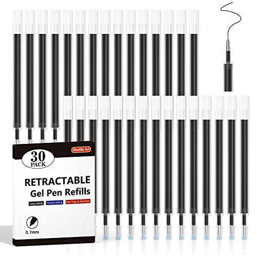 Retractable Gel Pen Refills, Shuttle Art 30 Pack Black Rollerball Gel Ink Pens Refills, Bulk Set, 0.7mm Fine Point for Writing Journaling Taking Notes School Office Home