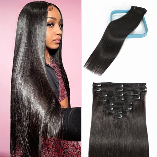 LORIEN Clip in Hair Extensions Real Human Hair, 18 Inch 100g/3.5oz, 1B Natural Black, Clip in 100% Brazilian Remy Human Hair Extensions 8pcs Per Set with 18 Clips Double Weft