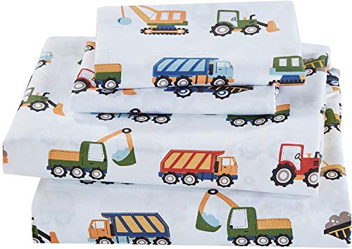 Linen Plus Sheet Set for Kids Construction Tractors Excavators Loaders Dump Trucks Compactors White Blue Red Green Yellow Grey Flat Fitted and Pillow Cases Queen Size New