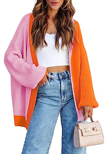 Women's Colorblock Cardigan Long Sleeve Open Front Ribbed Knit Oversized Cardigans Sweaters with Pockets Orange M