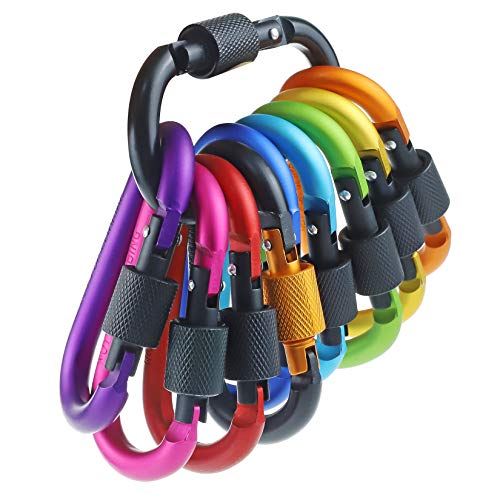 IEBUOBO 10 Pack Aluminum D Ring Key Rings Hiking Clips Locking Carabiner for Hiking Camping Fishing and Outdoor Use，Clips with Screw Gate Multicolored