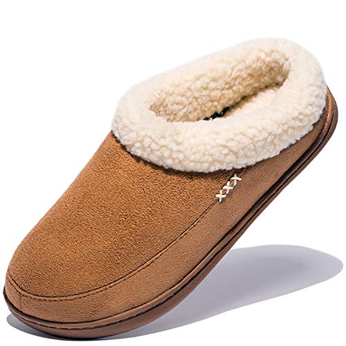 NewDenBer Women's Cozy Memory Foam Suede Soft Fleece Lined Slip on Indoor Outdoor Clog House Shoes (8-9 B(M) US, Tan)