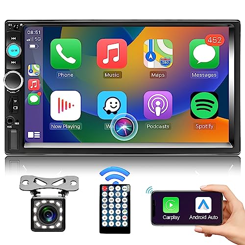 Podofo Double Din Car Stereo with Apple Carplay Android Auto, 7 Inch HD Touch Screen Bluetooth Car Radio Receiver with Backup Camera, Voice Control, FM Radio, Mirror Link, Subwoofer/USB/TF/AUX