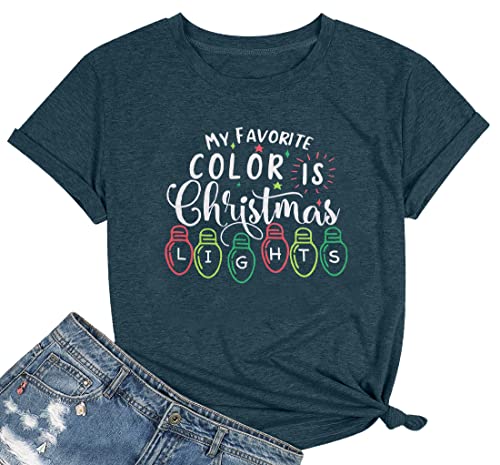 My Favorite Color is Christmas Lights Shirt Christmas Shirts for Women Xmas Gift Blouse Holiday Short Sleeve Tees A-Green