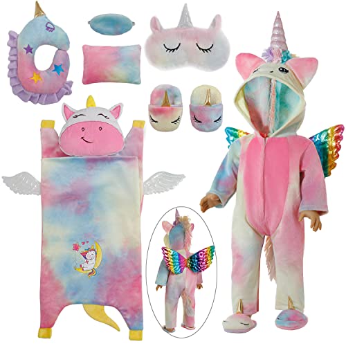 Windolls Girl 18 Inch Doll Sleeping Bag & Clothes Accessories Set - Unicorn Doll Costume with Unicorn Style Sleeping Bag, Eye Masks, Pillow, Slippers - Fits My Life, Generation, Journey Dolls