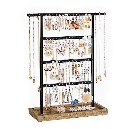 SONGMICS Jewelry Stand, 4-Tier Jewelry Holder Organizer with Tray, Wood Base, for Earrings and Studs, Vintage, Wood Color and Black UJJS019B01