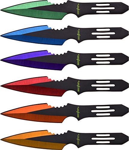 Perfect Point Throwing Knife Set – Set of 6 Throwers, Black Stainless Steel Blades and Handles with Assorted Colored Grinding Lines and Nylon Sheath, Well Balanced, Sport Knives – PP-595-6MC