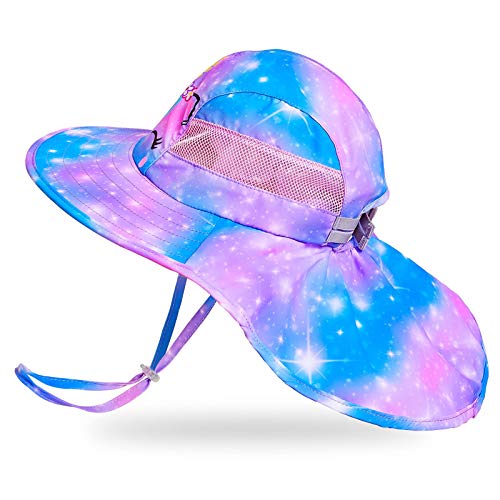 Kids Sun Hat UV Protection Unicorn Summer Beach Play Hats Wide Brim Neck Flap for Girls Boys 2-9 Years, Blue Purple