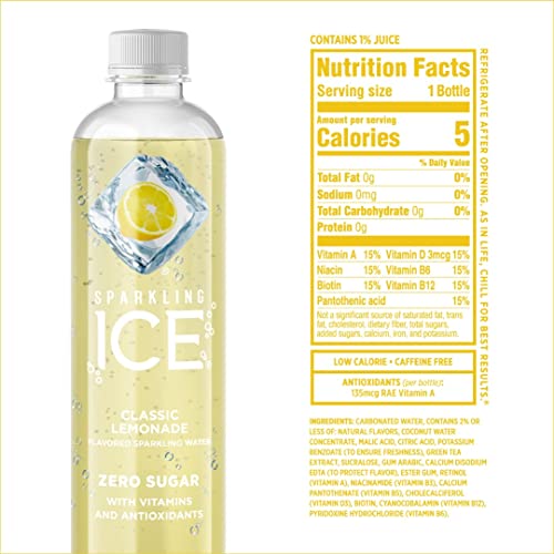 Sparkling Ice, Classic Lemonade Flavored Sparkling Water, Zero Sugar, with Vitamins and Antioxidants, Low Calorie Beverage, 17 fl oz Bottle