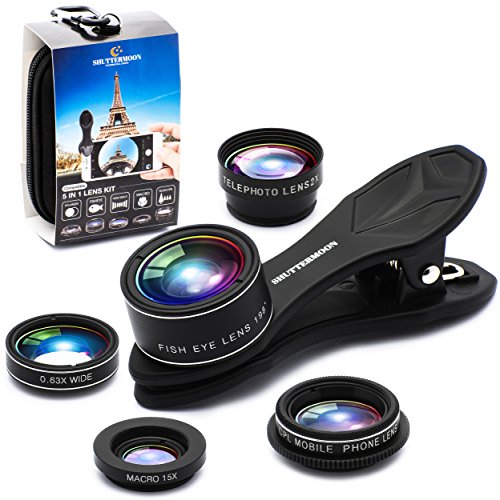 SHUTTERMOON Upgraded Phone Camera Lens Kit (5 in 1) - Macro Lens+Super Wide Angle Lens+Telephoto Zoom Lens+198 Fisheye Lens+CPL for iPhone, Pixel, Samsung, Android, Smartphones