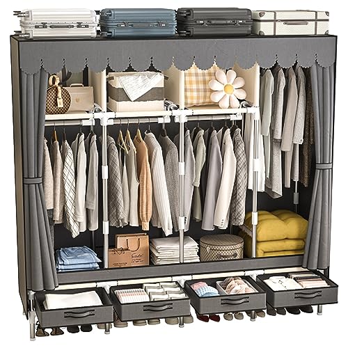 LEAIJIAFY Large Portable Armoire Wardrobe Closet with 4 Hanging Rods and Drawers,Gray Metal Storage Wardrobe Clothes Rack with Dust Cover for Hanging Clothes,67.7 in Width,Bedroom