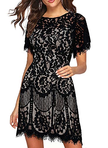 Rehearsal Dinner Dress for Women with Sleeves Graduation Wedding Guest Cocktail Party Flower Lace Flowy for Ladies 910 (M, Black White)