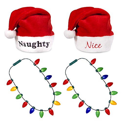 Windy City Novelties Naughty & Nice Santa Hats + 2 Pack Light Up Christmas Bulb Necklace Red