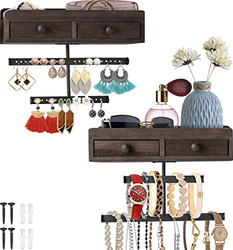 Comfify Wall Mount Jewelry Organizers - Set of 2 - w/Wooden Drawer Storage Box & Adjustable Necklace Holder – Jewelry Display for Bracelets, Earrings, Accessories & Makeup