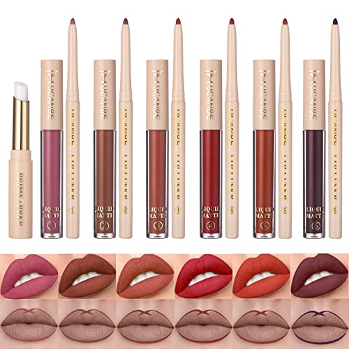 UCANBE 13pcs Lipstick Makeup Kit, 6 Matte Liquid Lip Sticks + 6 Lip Liner Pens + 1 Lip Primer, LADY'S NIGHT All in One Waterproof Long Lasting Lips Color Gloss Make up Gift Set