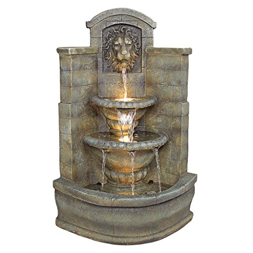 Water Fountain with Halogen Light - 3 Foot Tall Saint Remy Lion Garden Decor Corner Fountain - Outdoor Water Feature